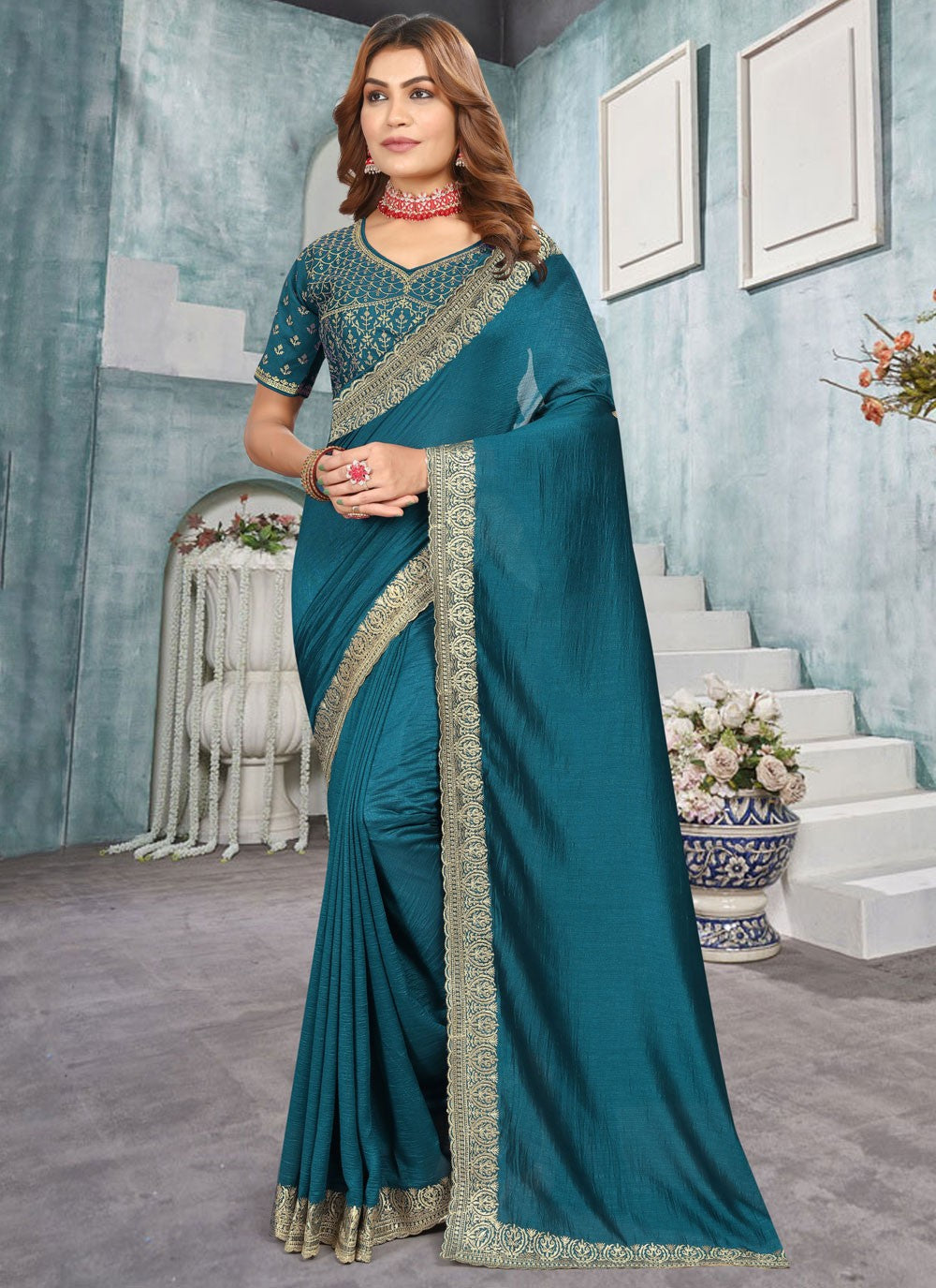 Classic Embroidered Vichitra Silk Saree - S10372