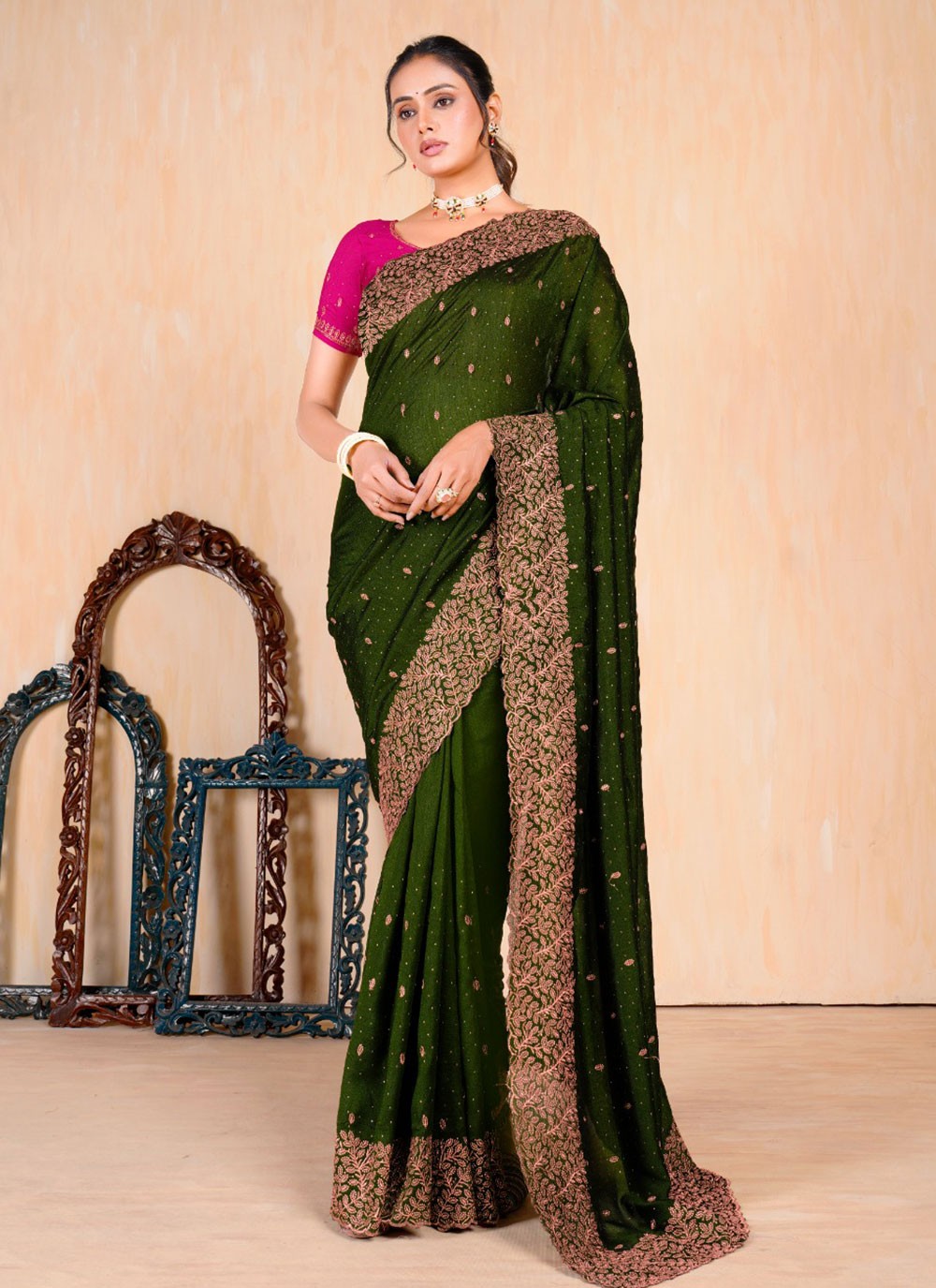 Contemporary Embroidered Vichitra Silk Saree - S5693