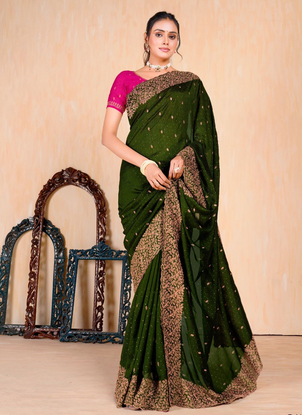 Contemporary Embroidered Vichitra Silk Saree - S5693