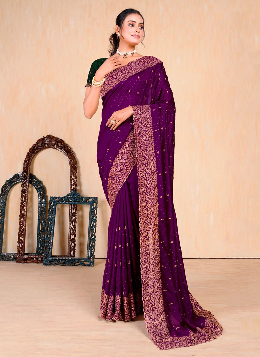 Contemporary Embroidered Vichitra Silk Saree - S5693