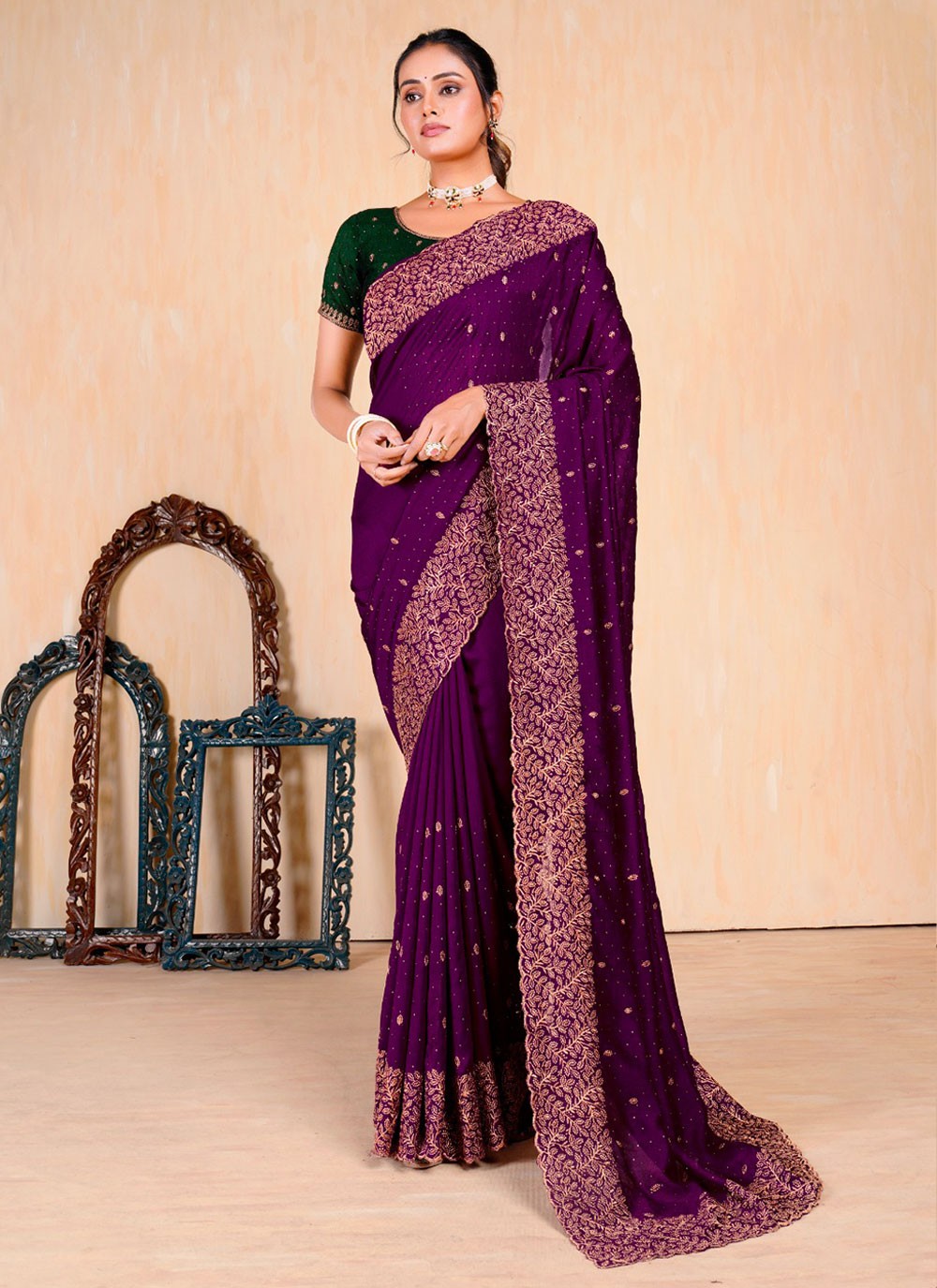 Contemporary Embroidered Vichitra Silk Saree - S5693