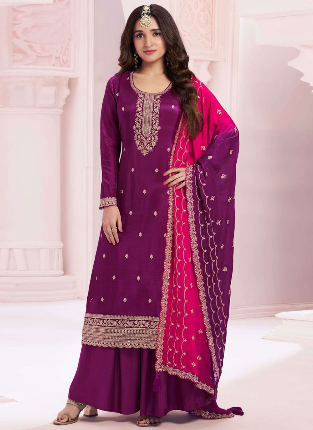 Embroidered Vichitra Silk Palazzo Suit - T4440