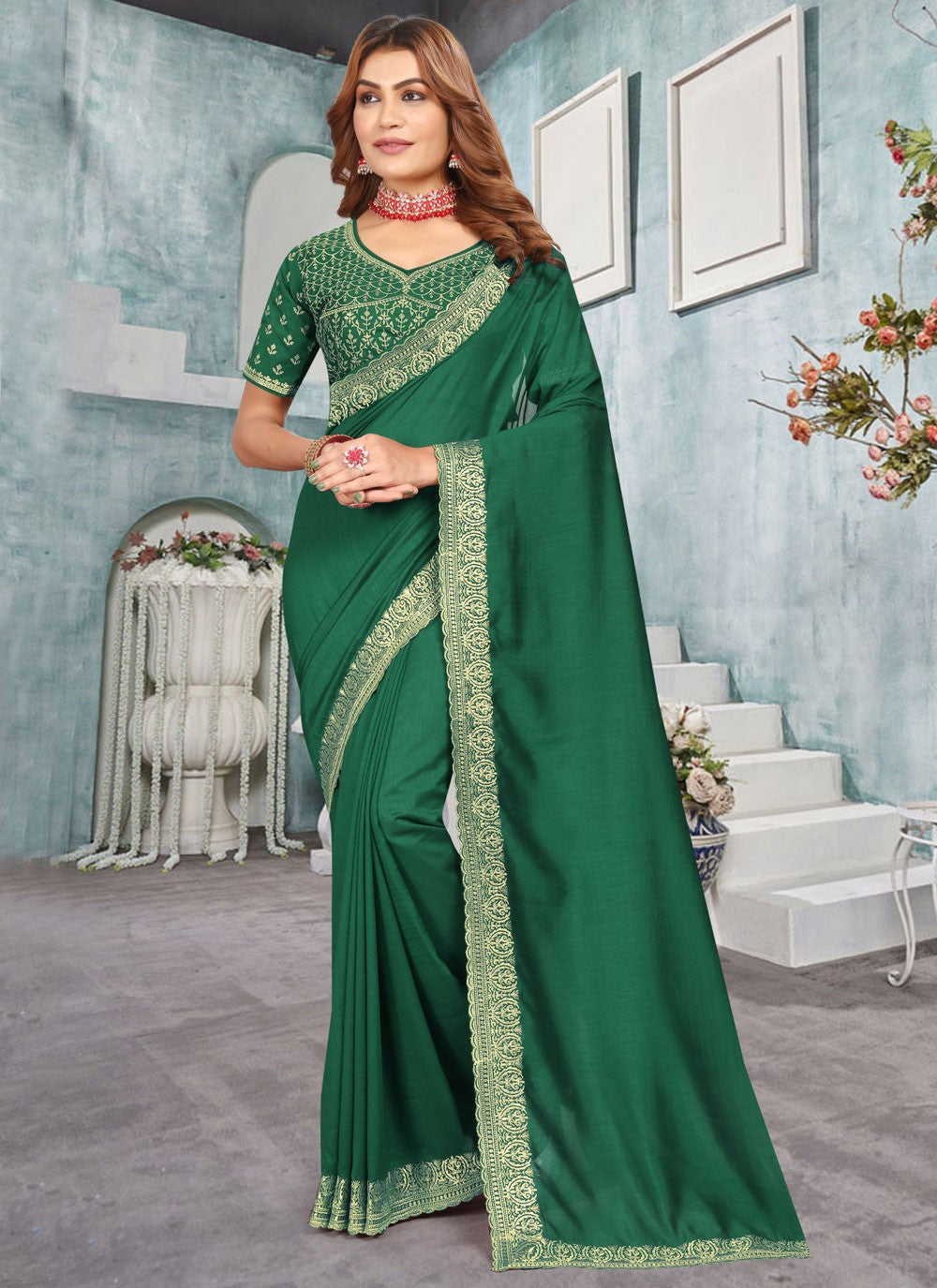 Classic Embroidered Vichitra Silk Saree - S10372