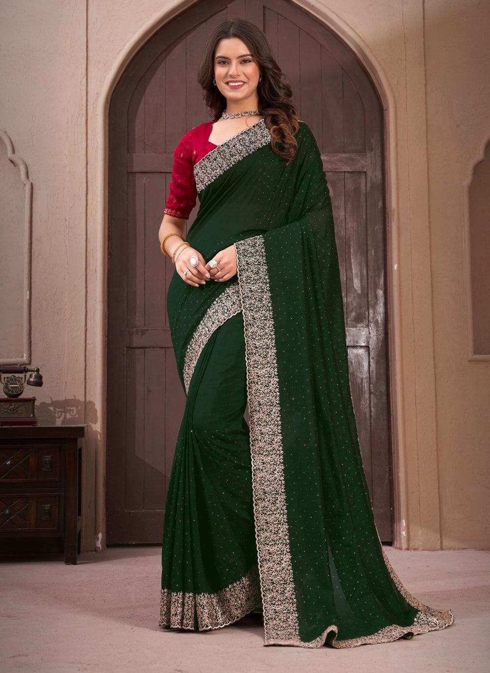 Classic Border Work Vichitra Silk Saree - S5681