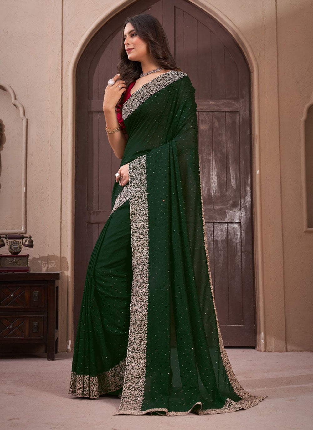 Classic Border Work Vichitra Silk Saree - S5681