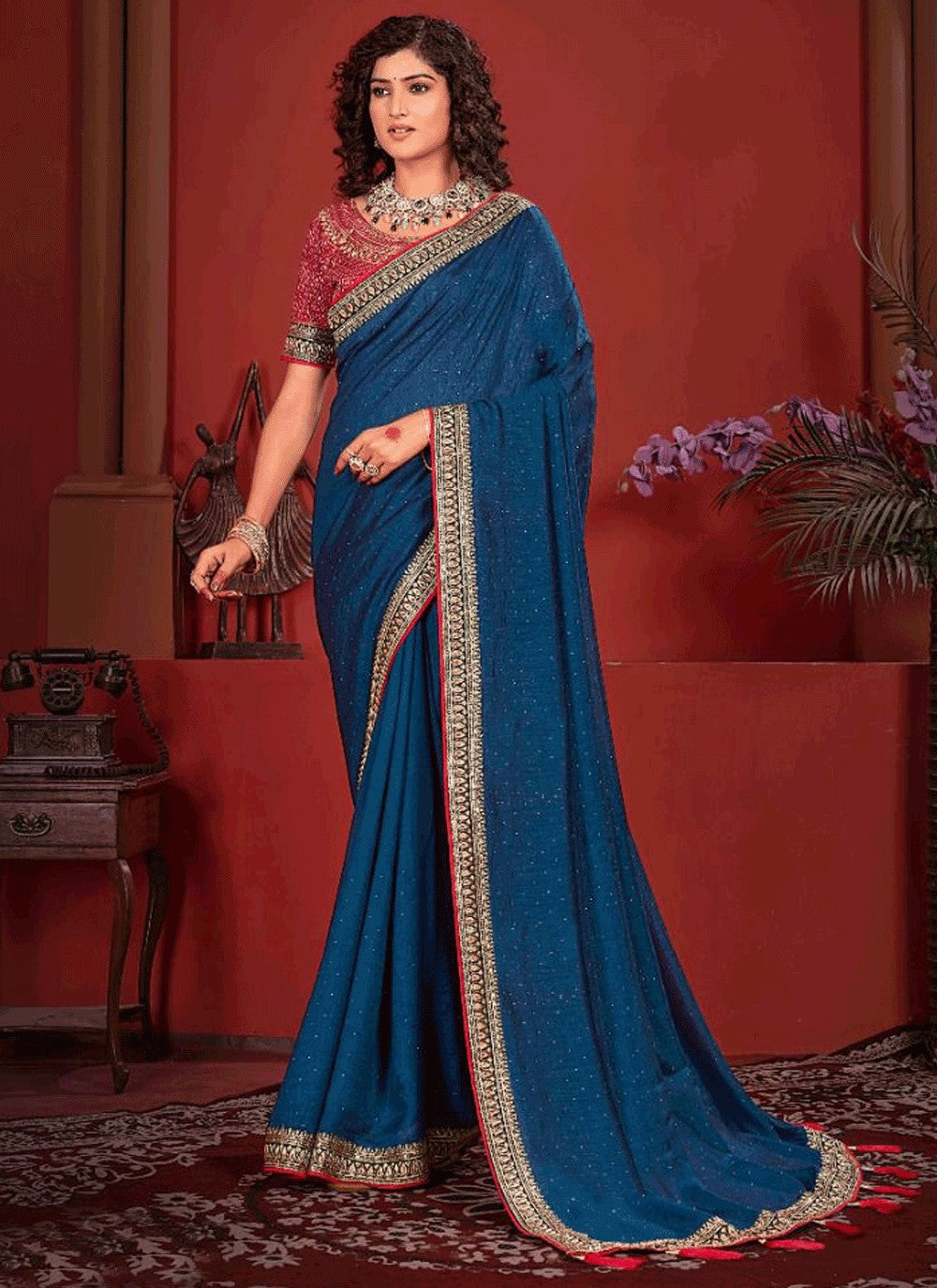 Traditional Border Work Vichitra Silk Purple Saree - S10963