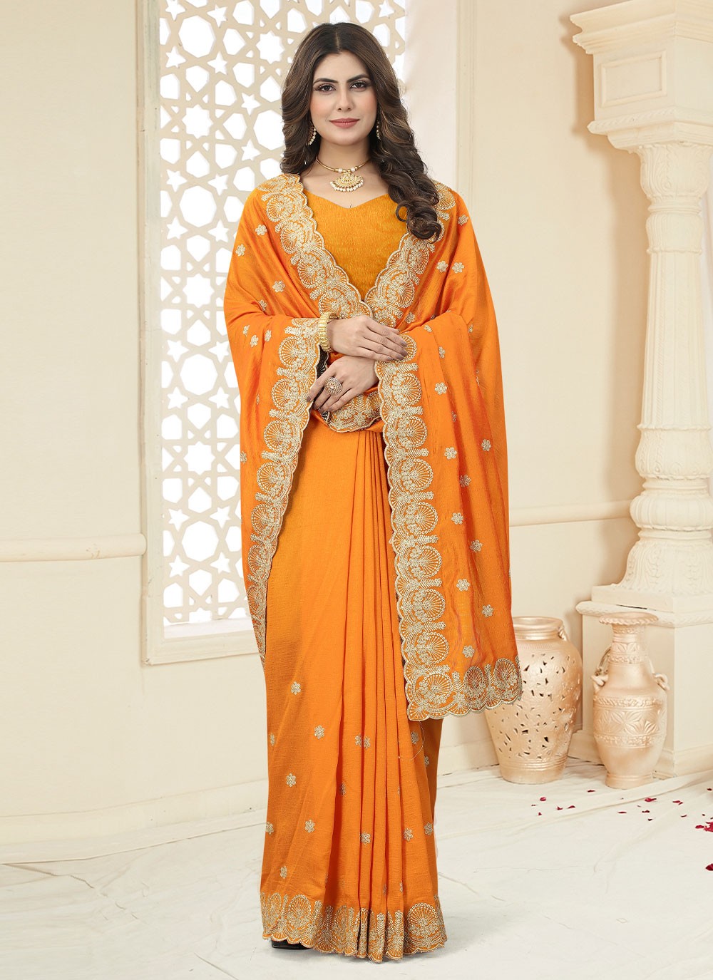 Trendy Border Work Vichitra Silk Saree - S2559