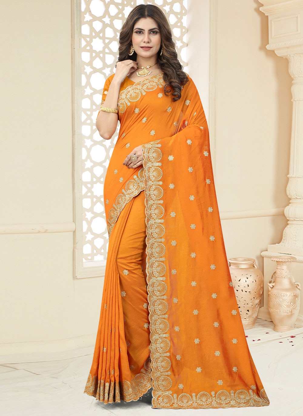 Trendy Border Work Vichitra Silk Saree - S2559