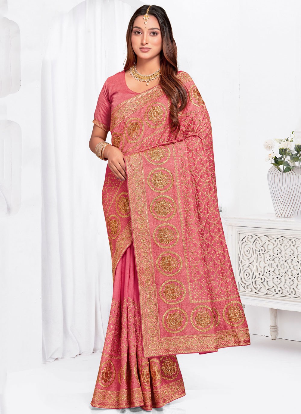 Embroidered, Zari Vichitra Silk Saree - S12102