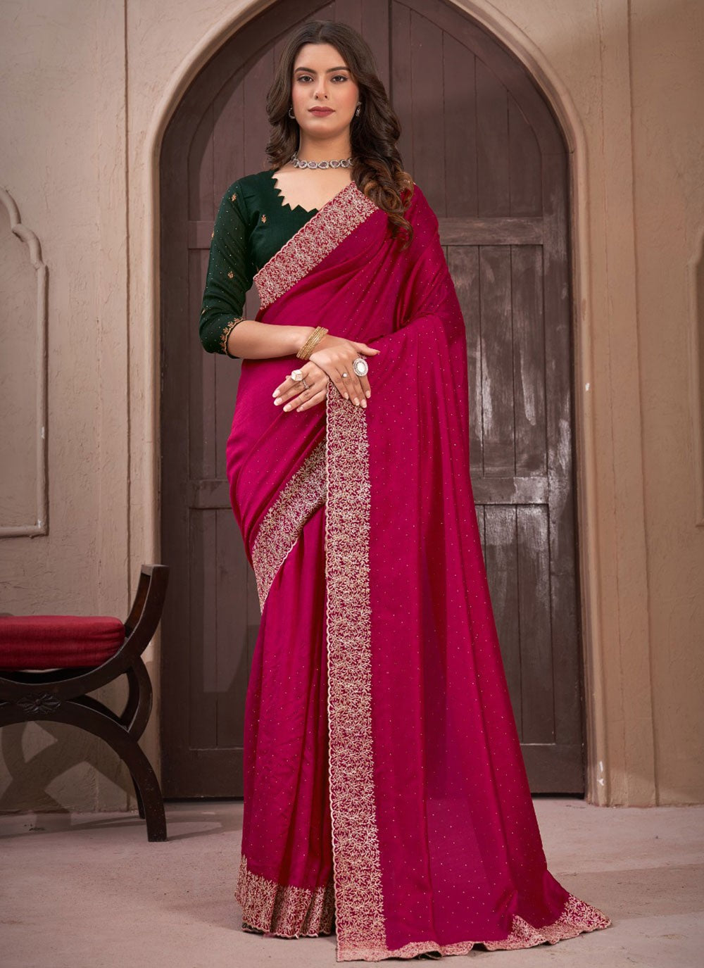 Classic Border Work Vichitra Silk Saree - S5681