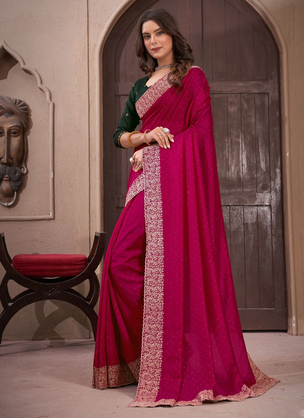 Classic Border Work Vichitra Silk Saree - S5681