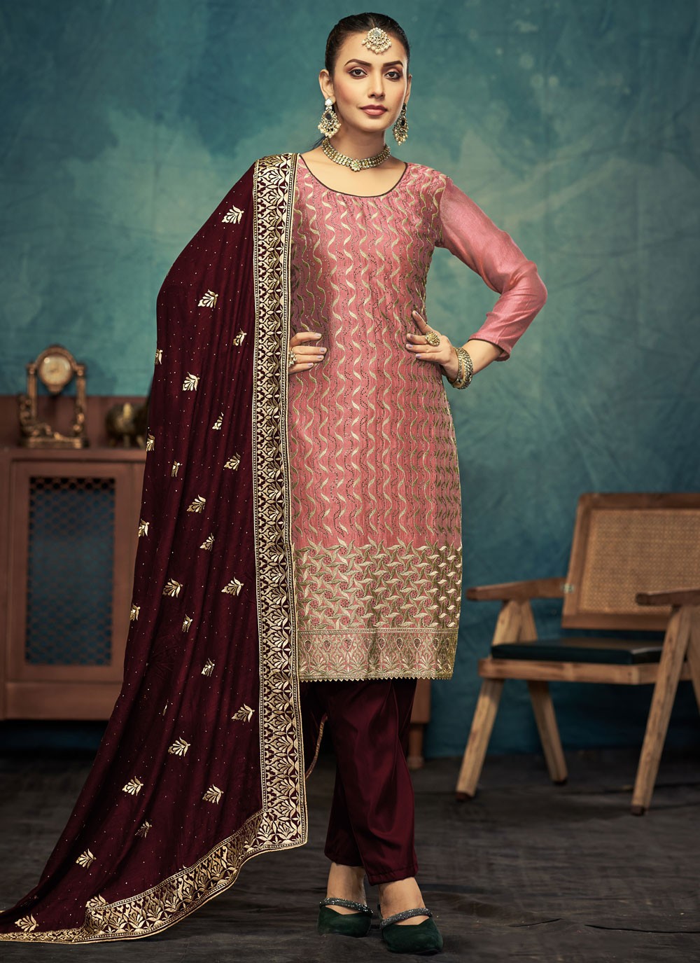 Embroidered Vichitra Silk Salwar Suit - T4547