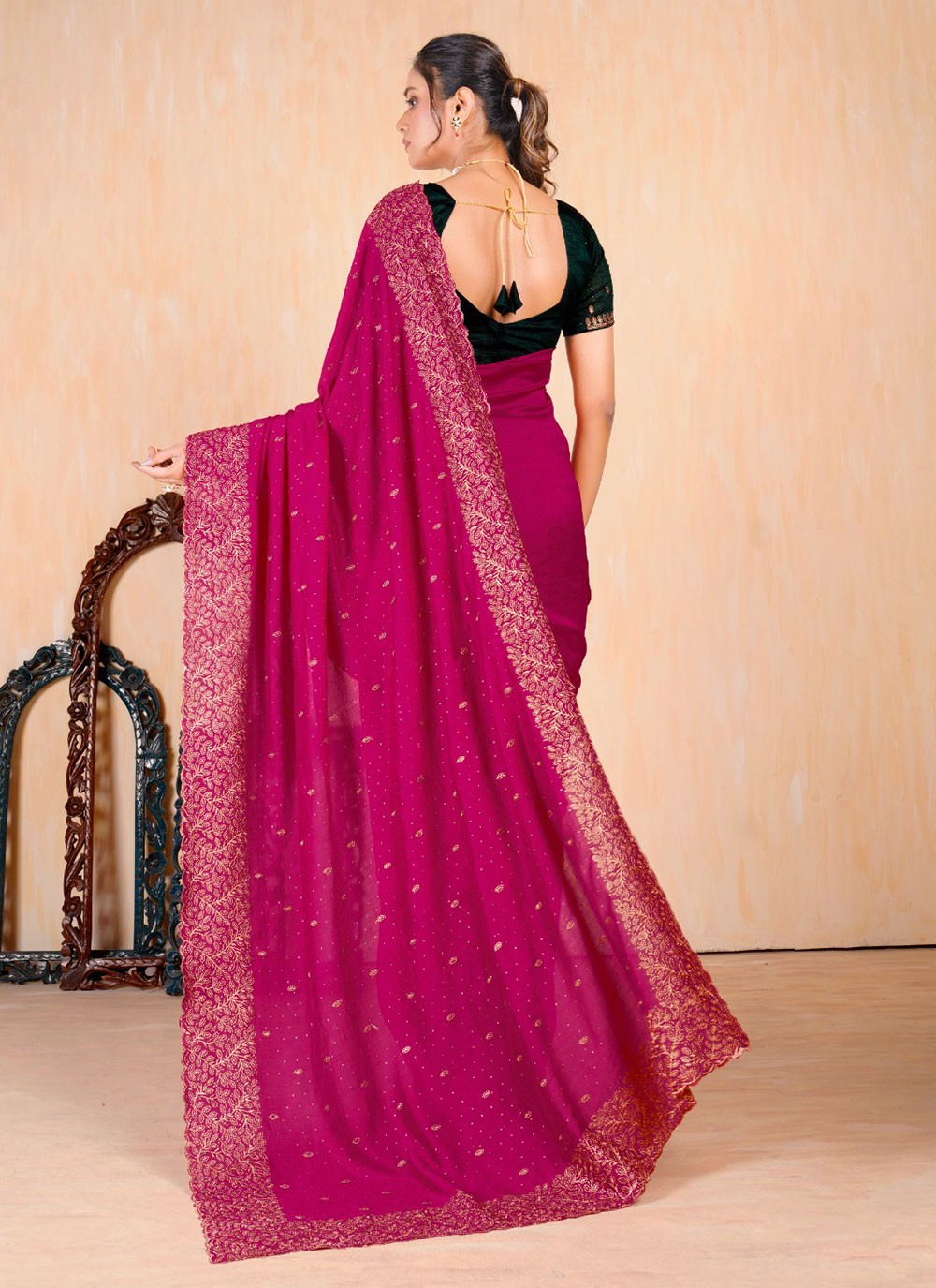 Contemporary Embroidered Vichitra Silk Saree - S5693