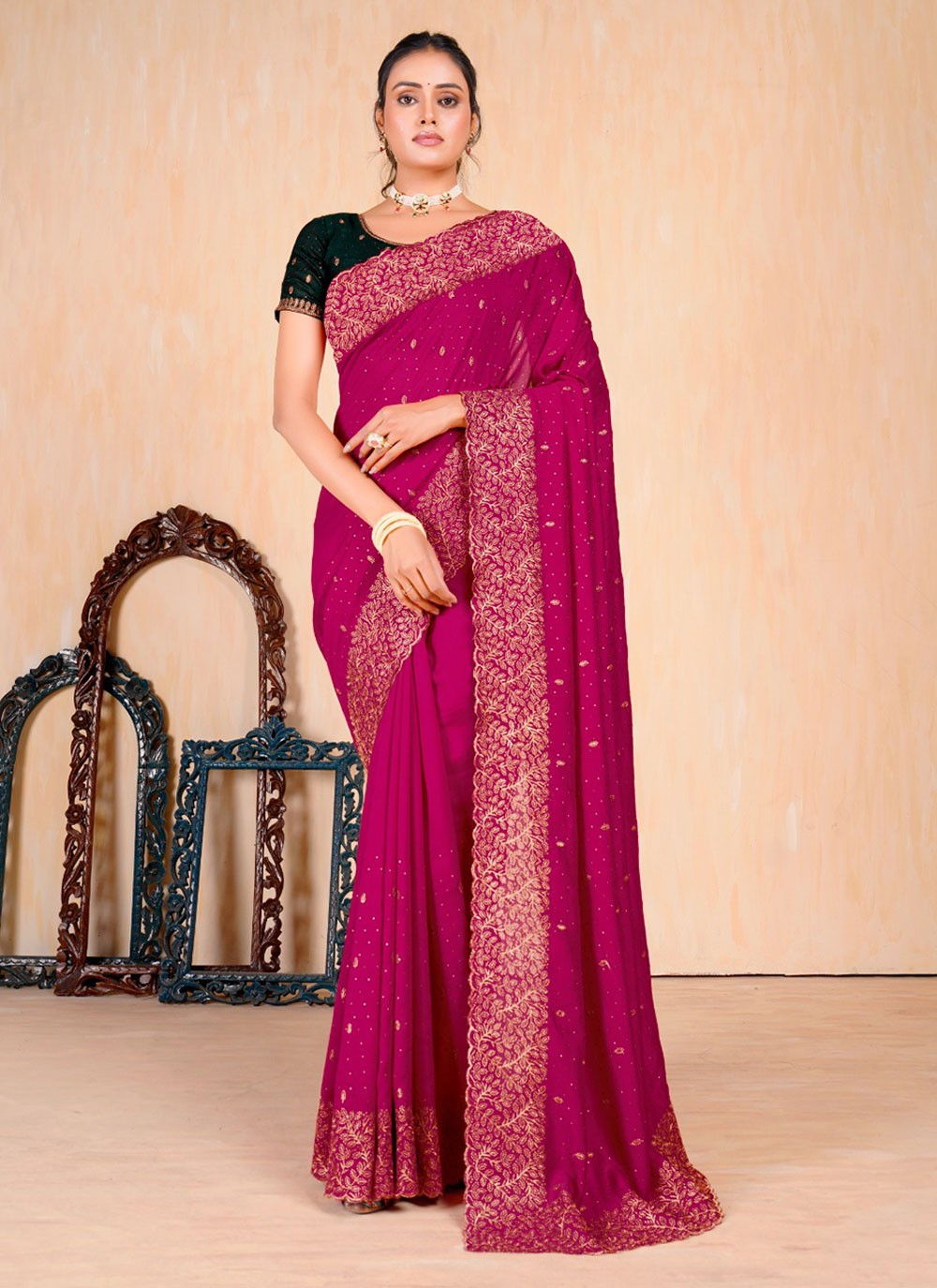 Contemporary Embroidered Vichitra Silk Saree - S5693