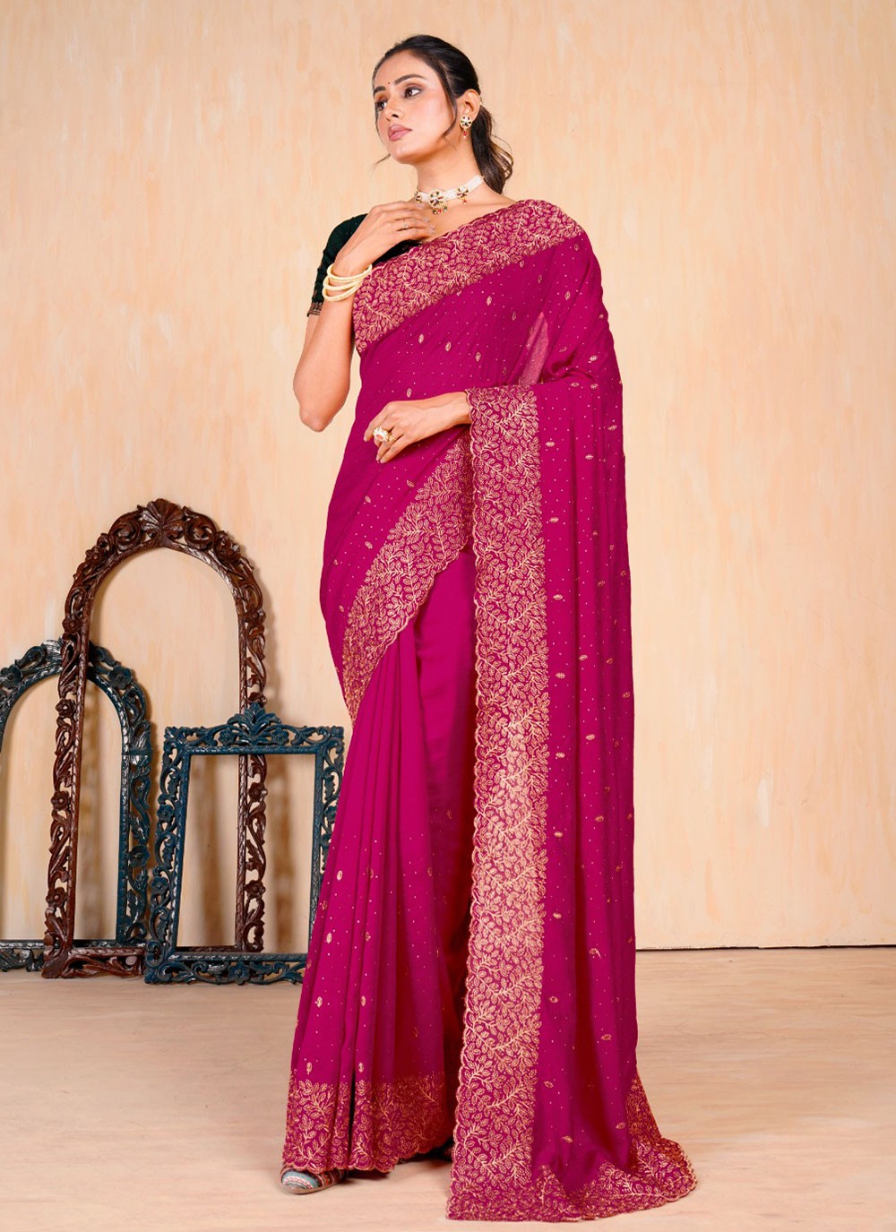 Contemporary Embroidered Vichitra Silk Saree - S5693