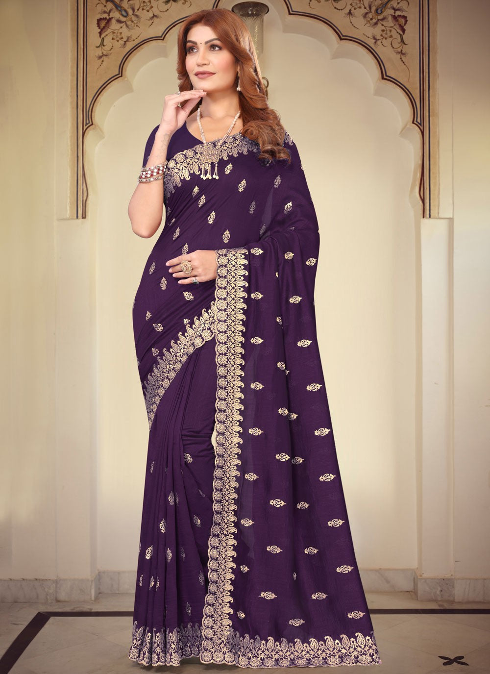 Classic Embroidered Vichitra Silk Saree - S7791