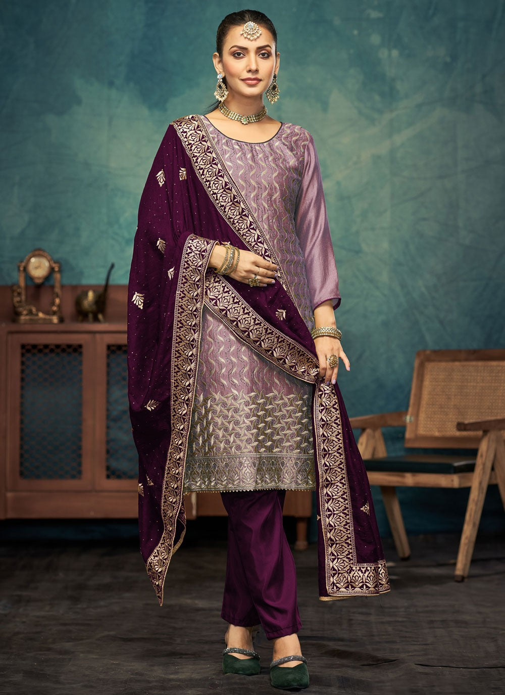 Embroidered Vichitra Silk Salwar Suit - T4547