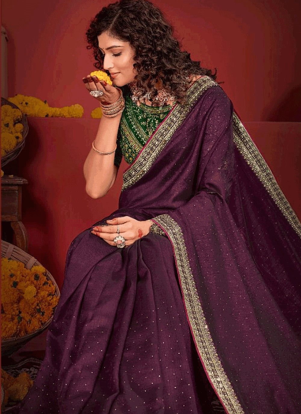 Traditional Border Work Vichitra Silk Purple Saree - S10963