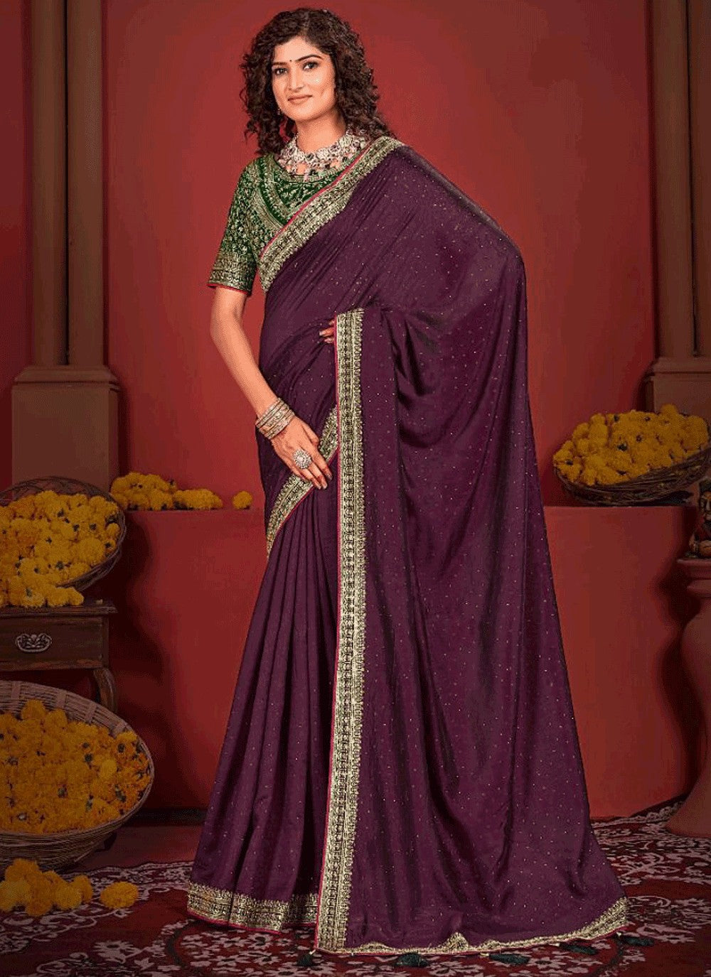 Traditional Border Work Vichitra Silk Purple Saree - S10963