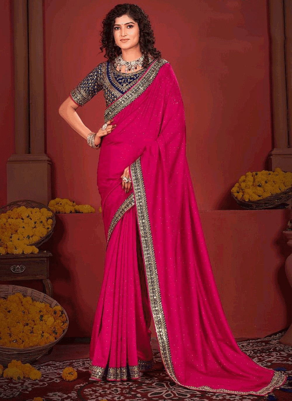 Traditional Border Work Vichitra Silk Purple Saree - S10963