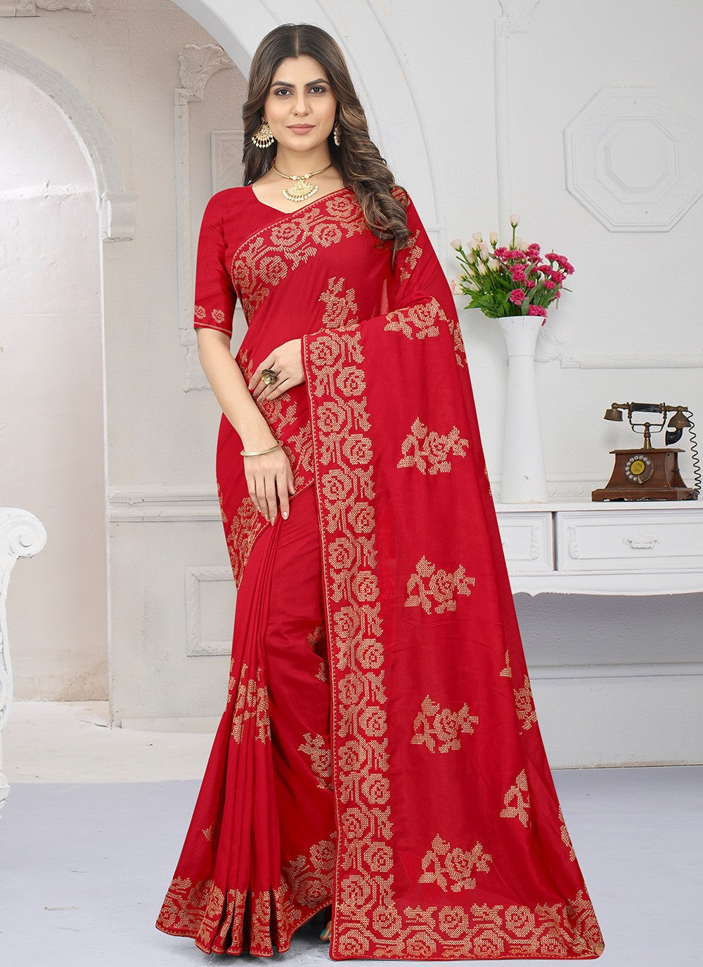 Contemporary Embroidered Vichitra Silk Saree - S2757