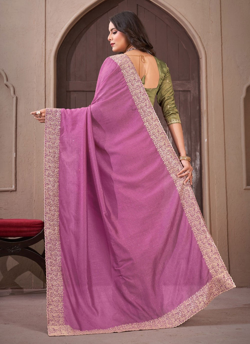 Classic Border Work Vichitra Silk Saree - S5681