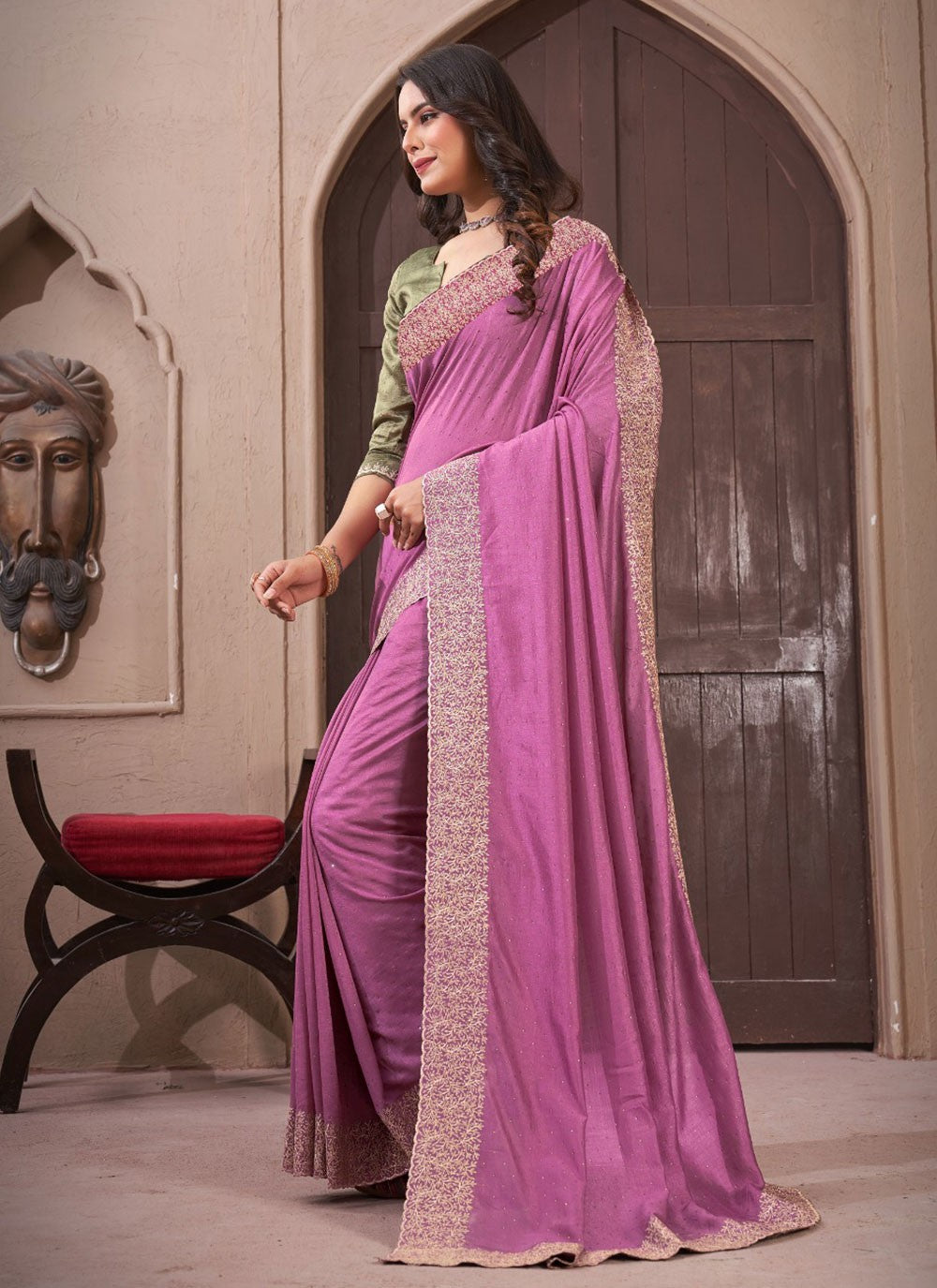 Classic Border Work Vichitra Silk Saree - S5681