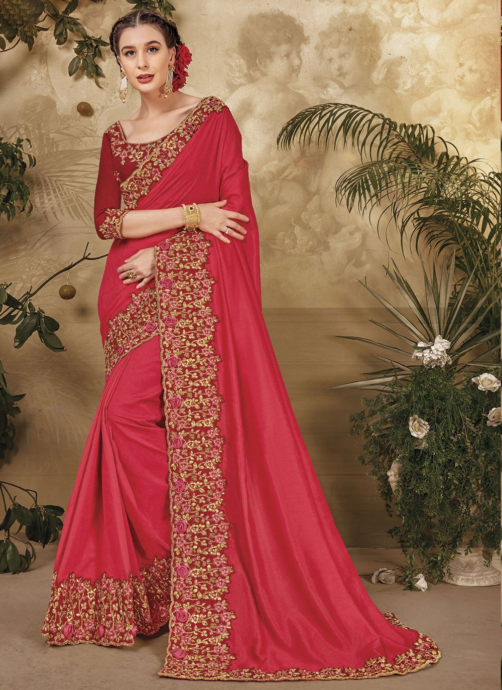 Trendy Embroidered Vichitra Silk Saree - S4805