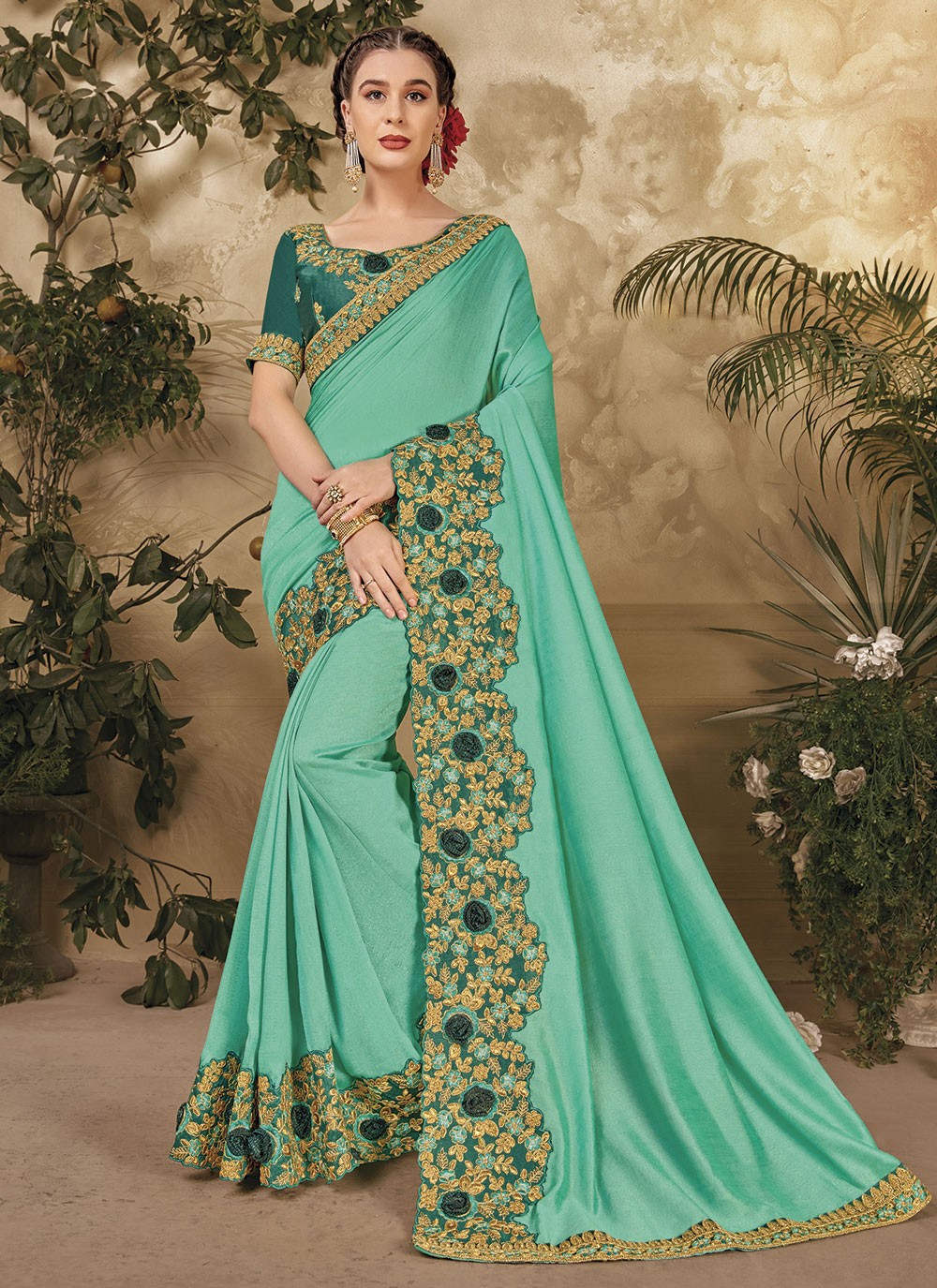 Trendy Embroidered Vichitra Silk Saree - S4805