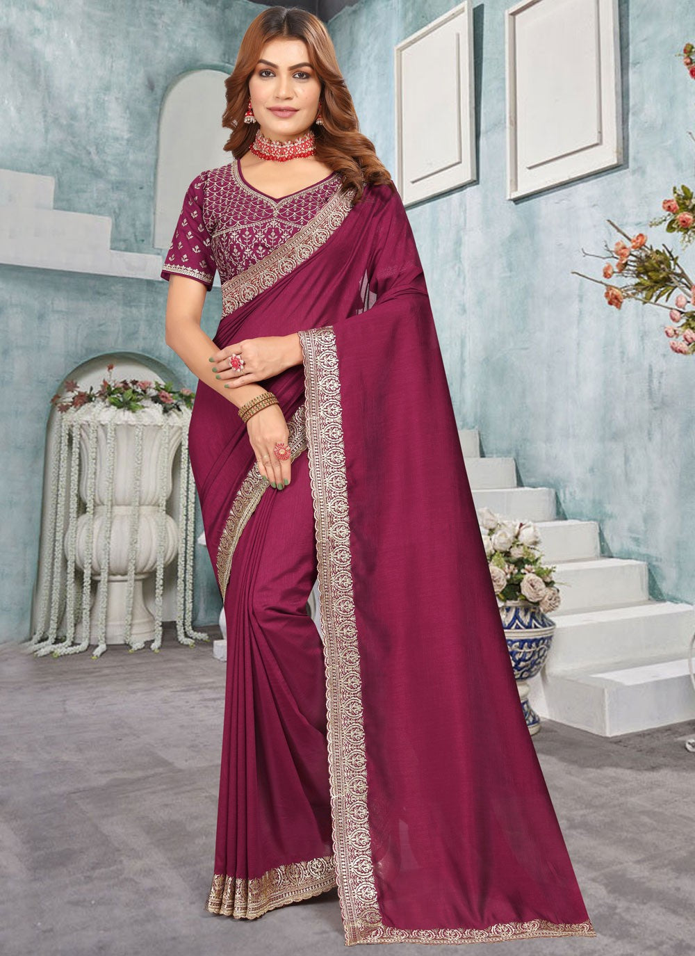 Classic Embroidered Vichitra Silk Saree - S10372