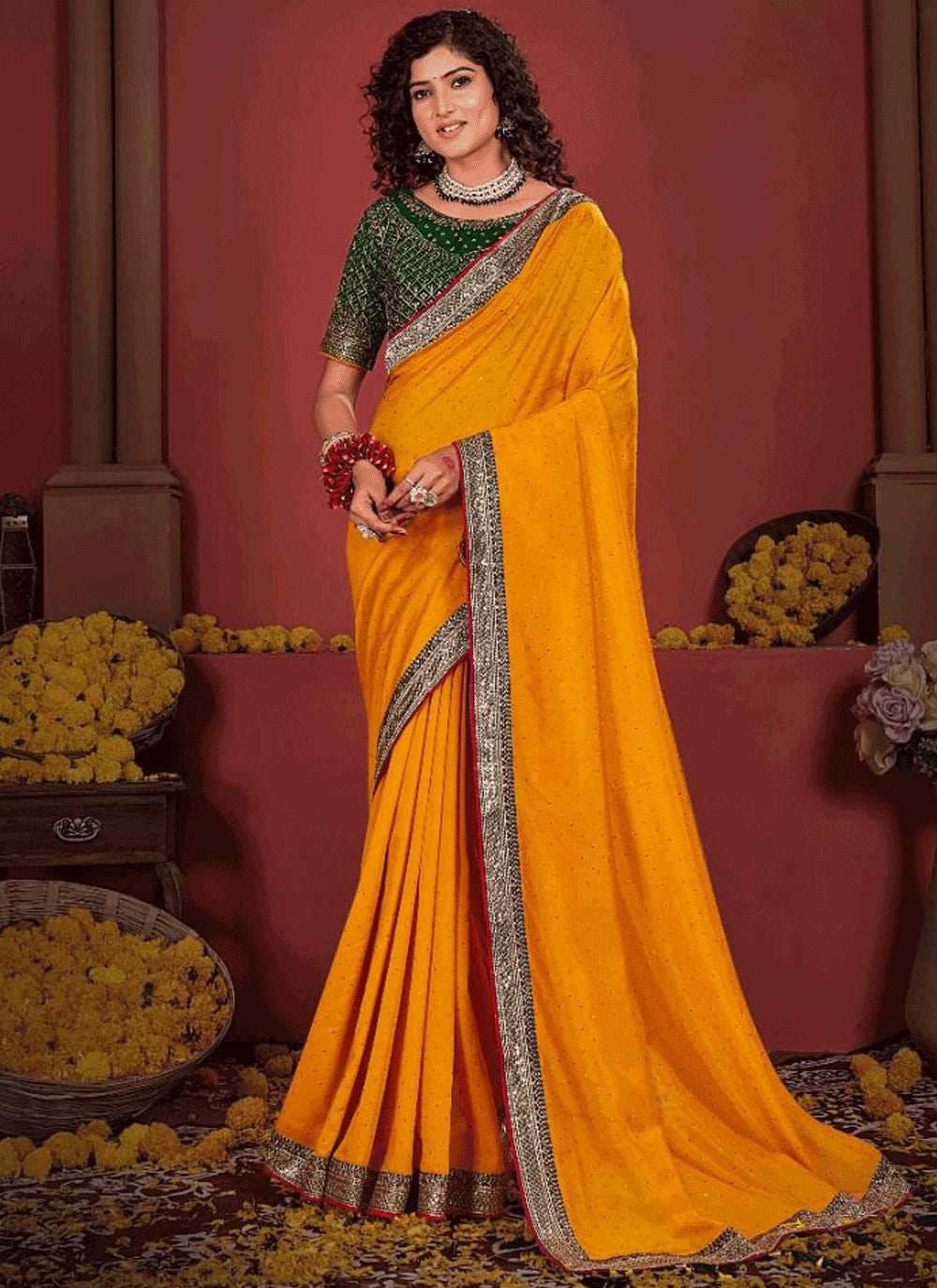 Traditional Border Work Vichitra Silk Purple Saree - S10963