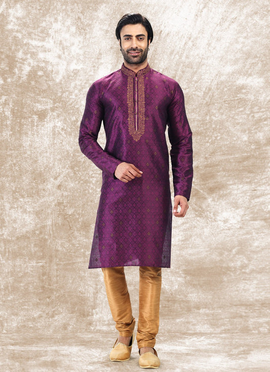 Fancy Work Brocade, Jacquard Silk Violet Kurta Pyjama - M4856