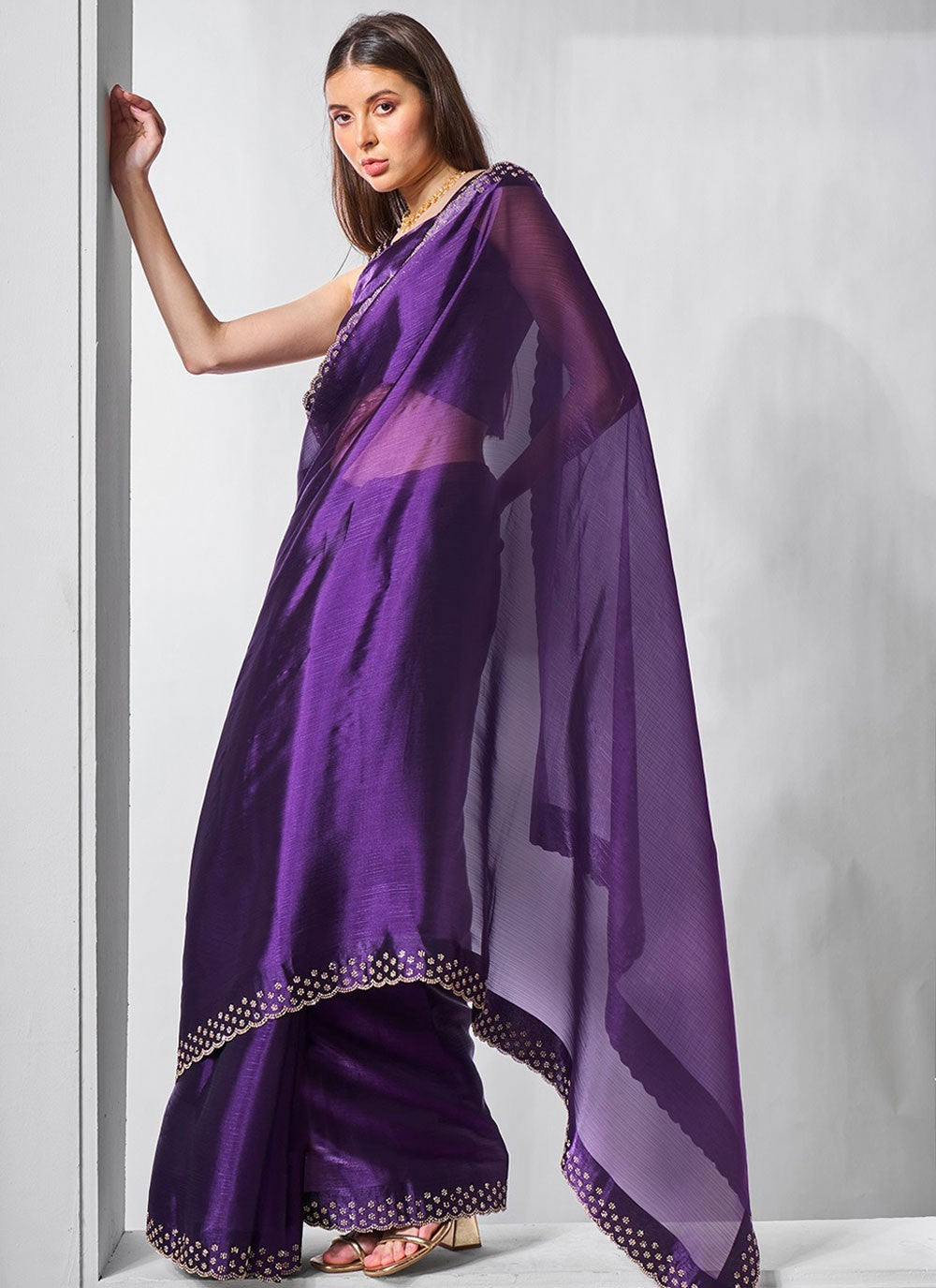 Cutdana, Swarovski Burburry Saree - S11559