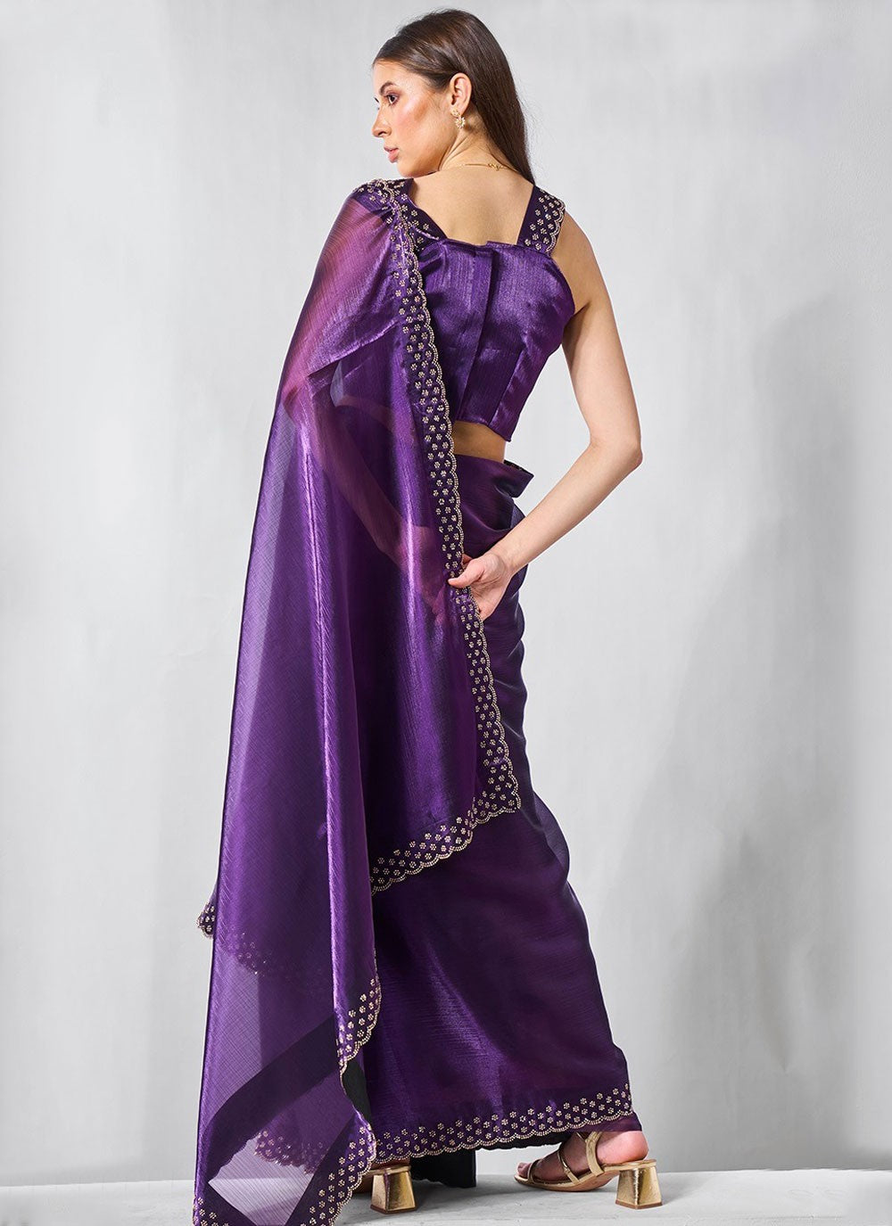 Cutdana, Swarovski Burburry Saree - S11559