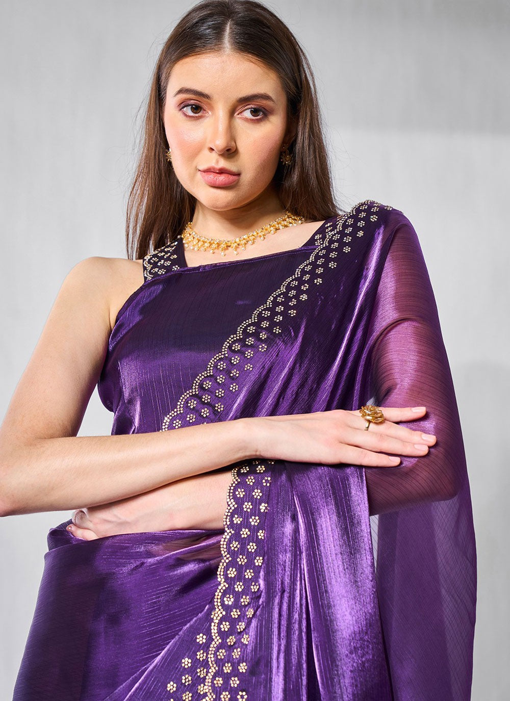 Cutdana, Swarovski Burburry Saree - S11559