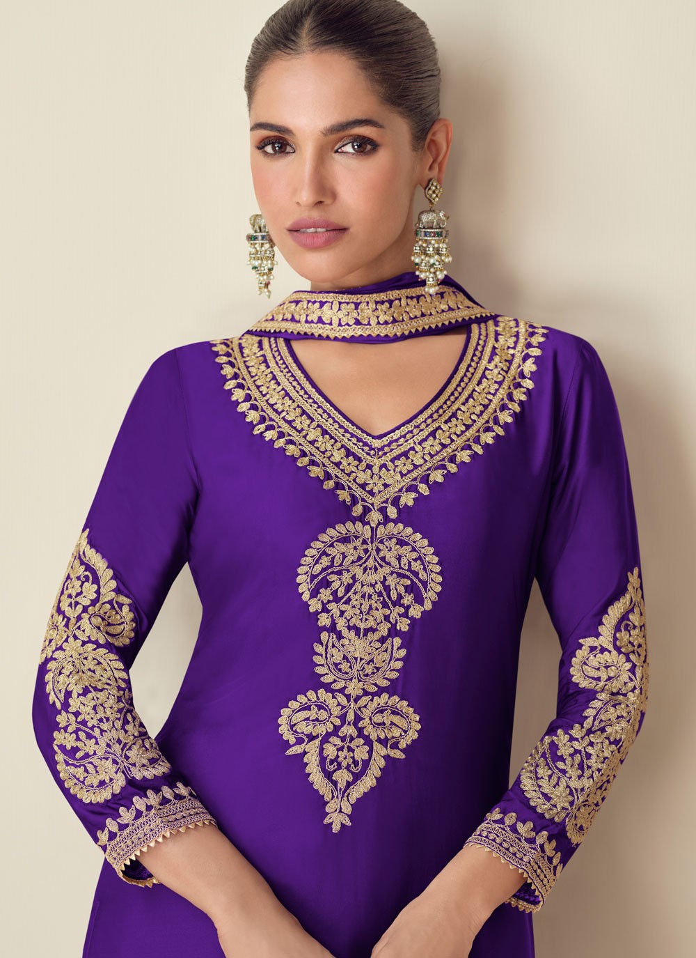 Embroidered Chinon Palazzo Suit - T4647