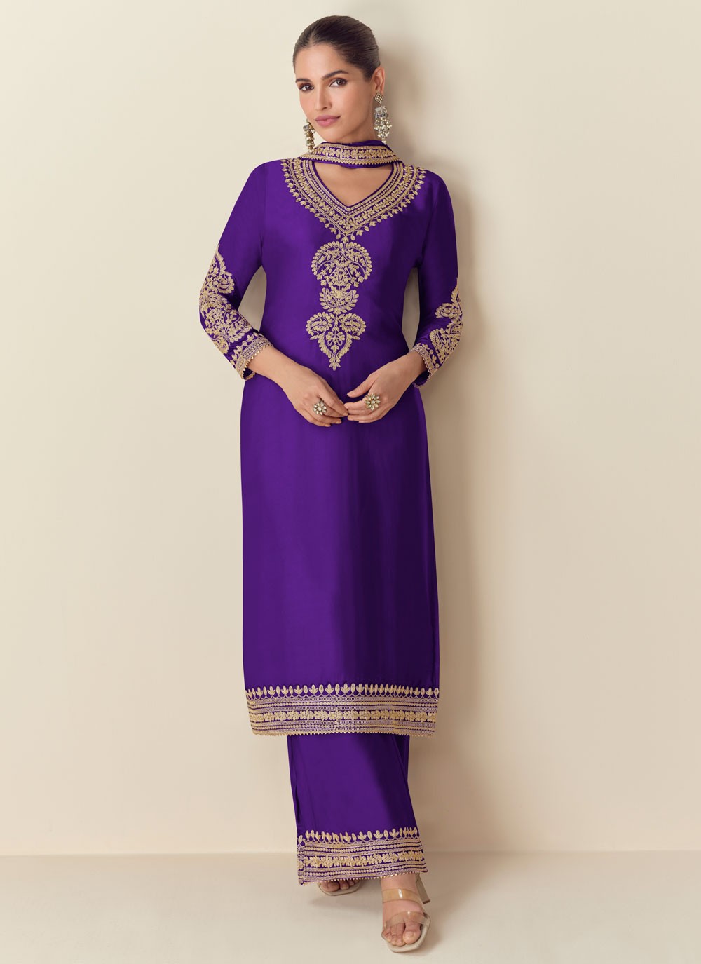 Embroidered Chinon Palazzo Suit - T4647