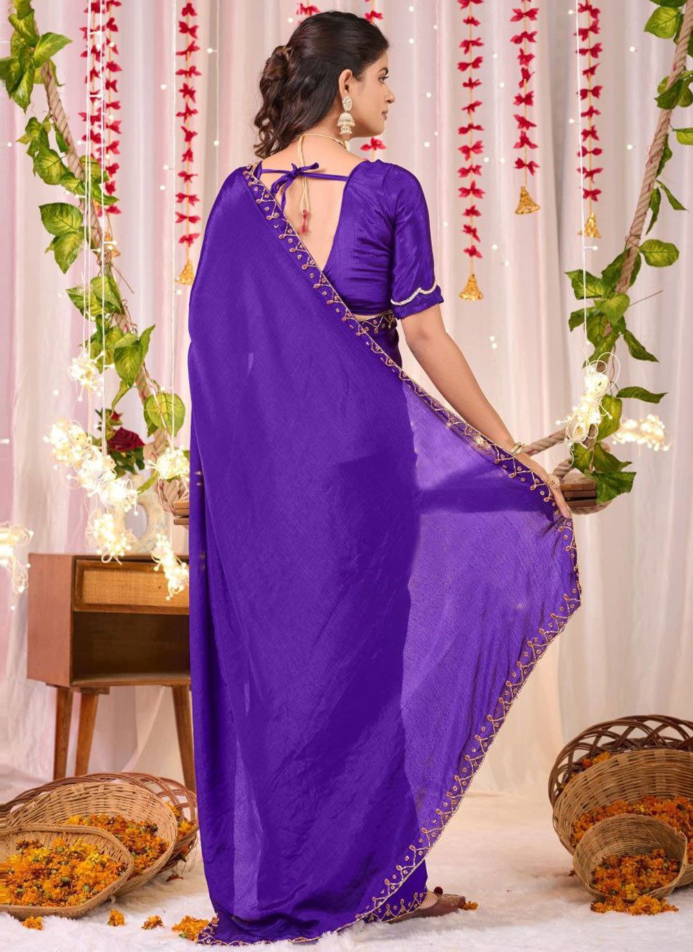 Classic Border Work Chinon, Silk Saree - S9111