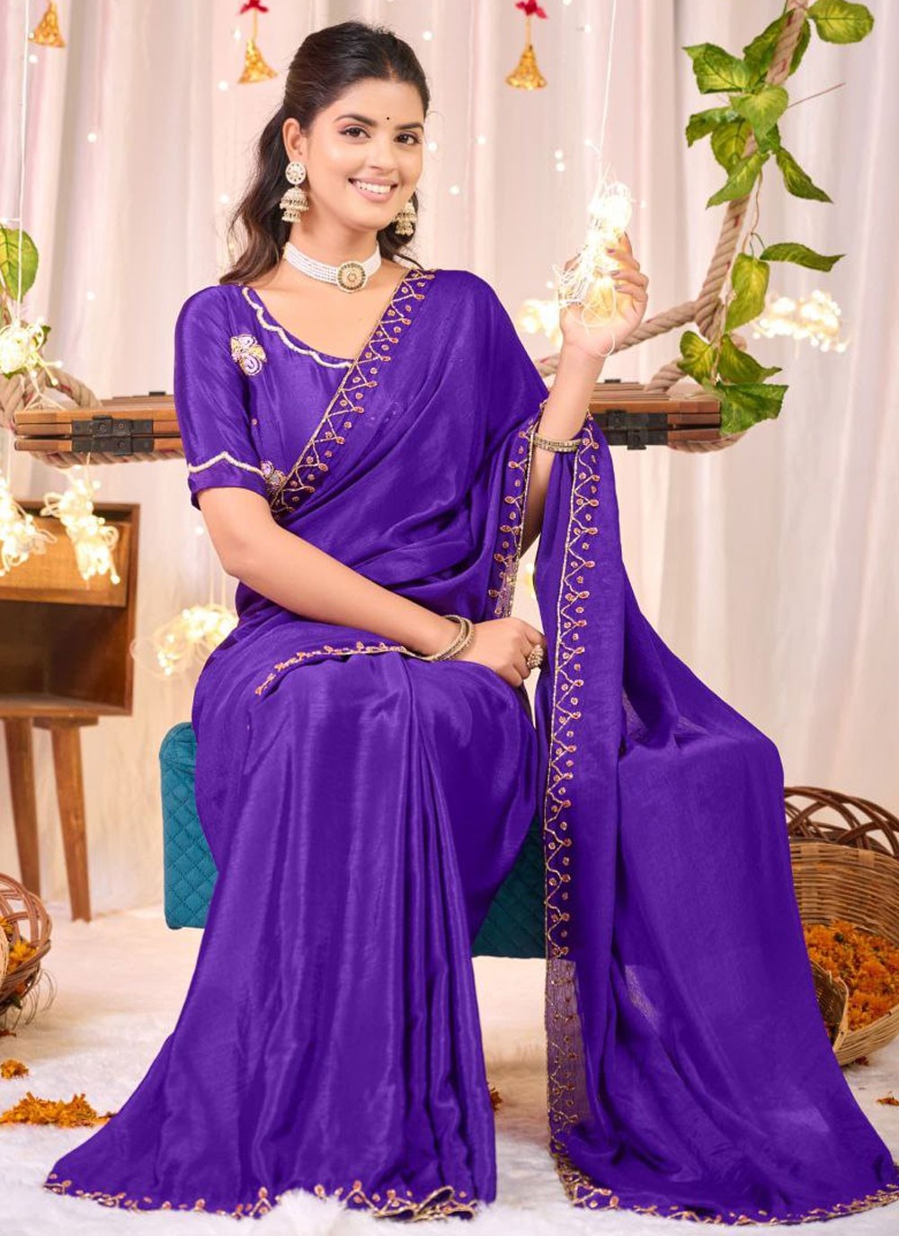 Classic Border Work Chinon, Silk Saree - S9111