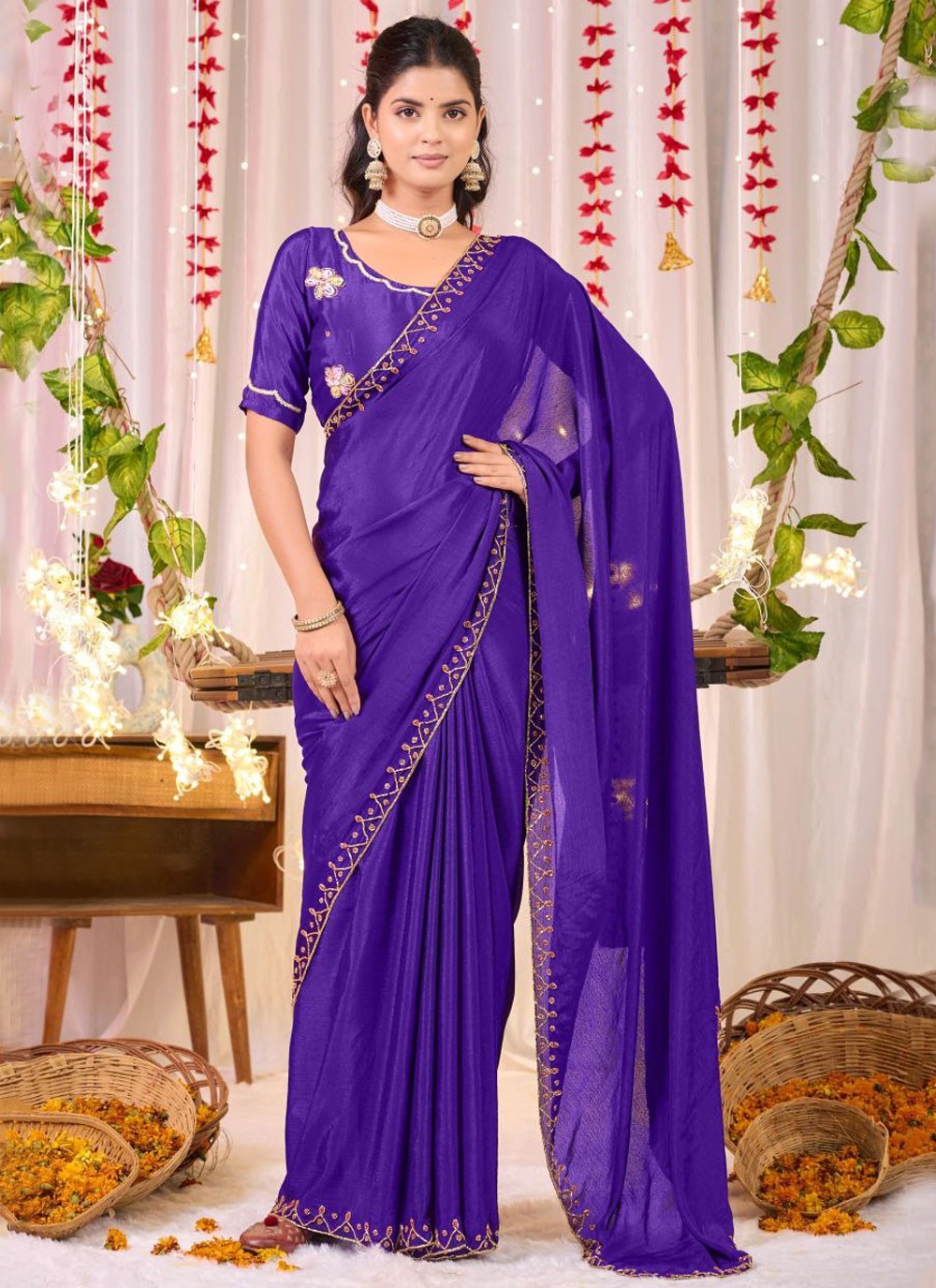 Classic Border Work Chinon, Silk Saree - S9111