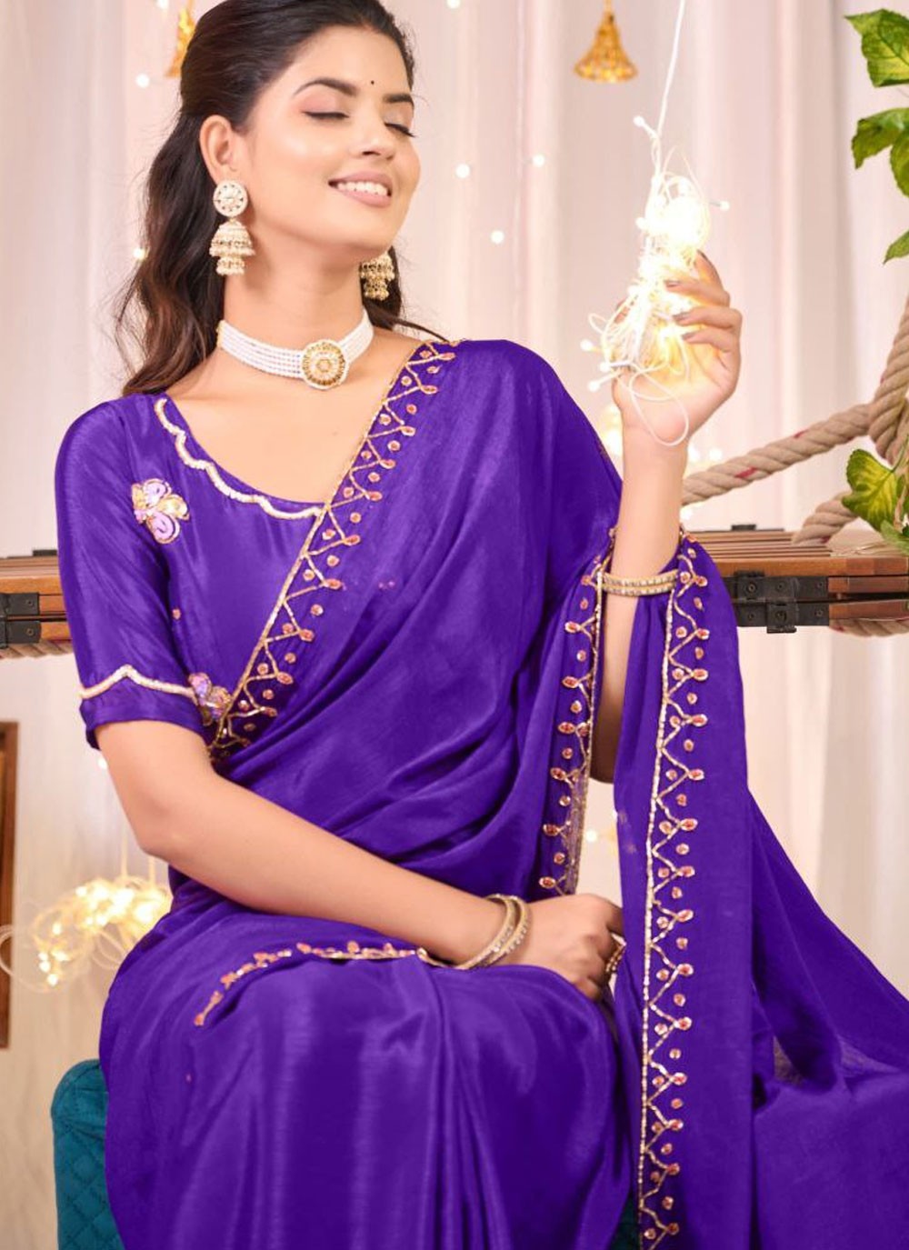 Classic Border Work Chinon, Silk Saree - S9111