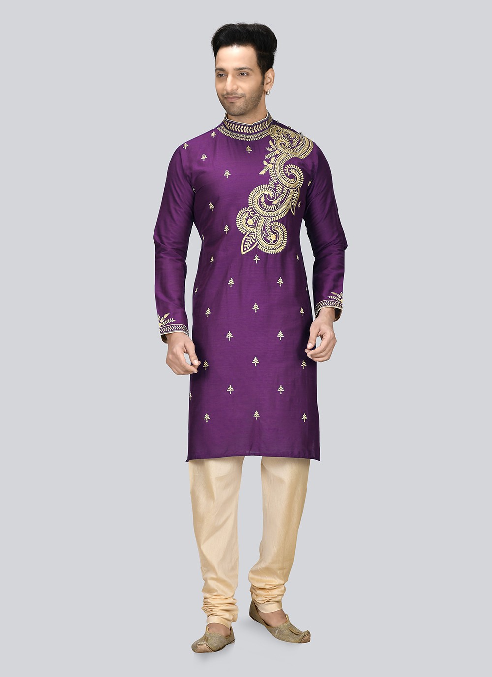 Embroidered Dupion Silk Violet Kurta Pyjama - M2350