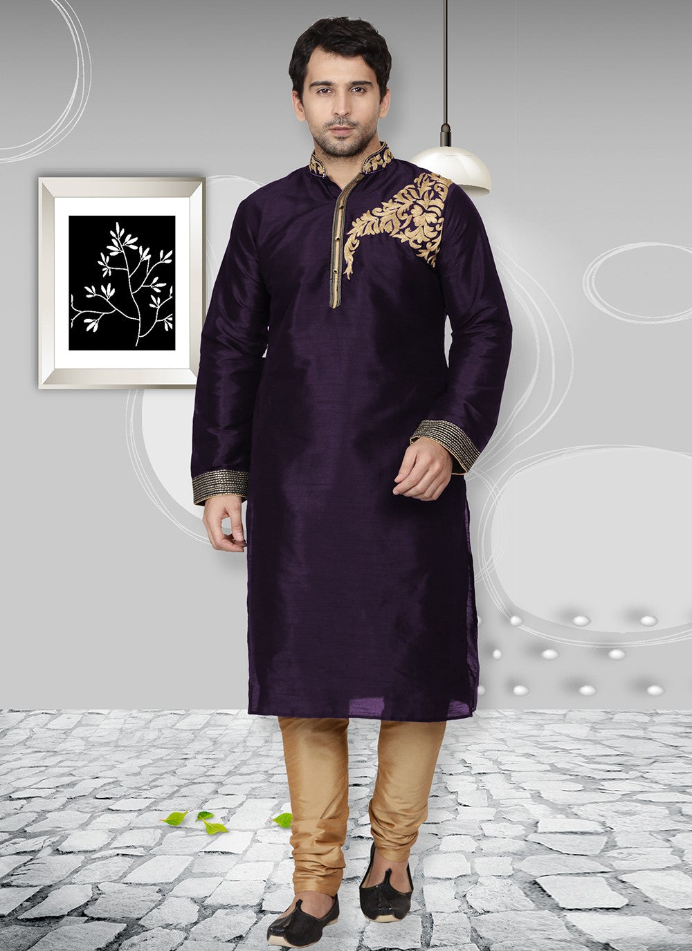 Embroidered Dupion Silk Violet Kurta Pyjama - M6566