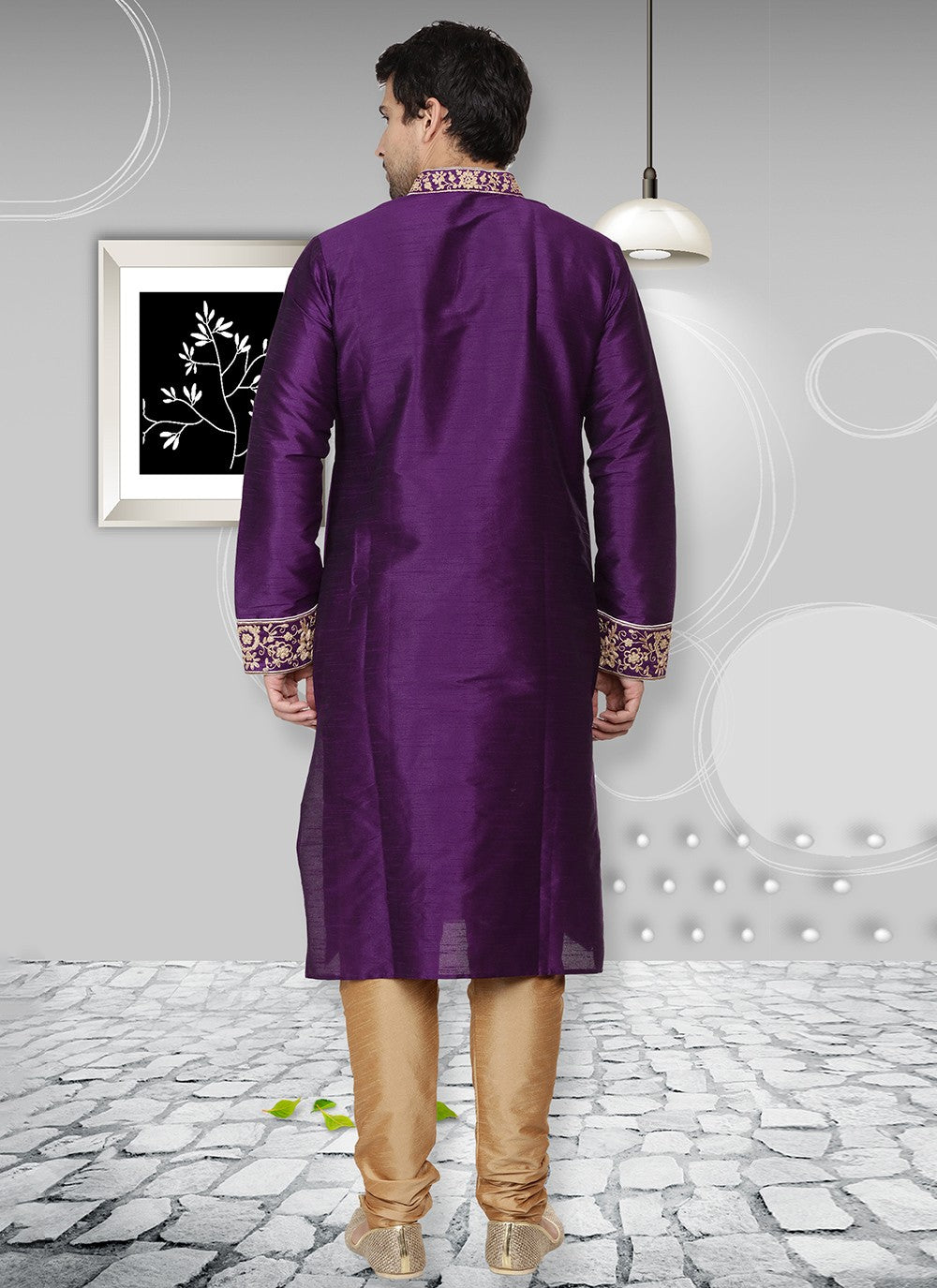 Embroidered Dupion Silk Violet Kurta Pyjama - M6542