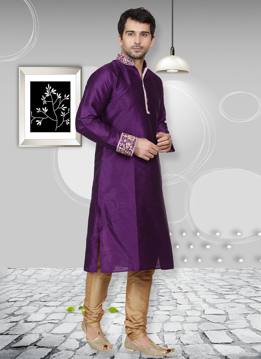 Embroidered Dupion Silk Violet Kurta Pyjama - M6542