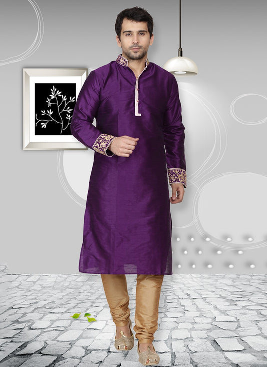 Embroidered Dupion Silk Violet Kurta Pyjama - M6542