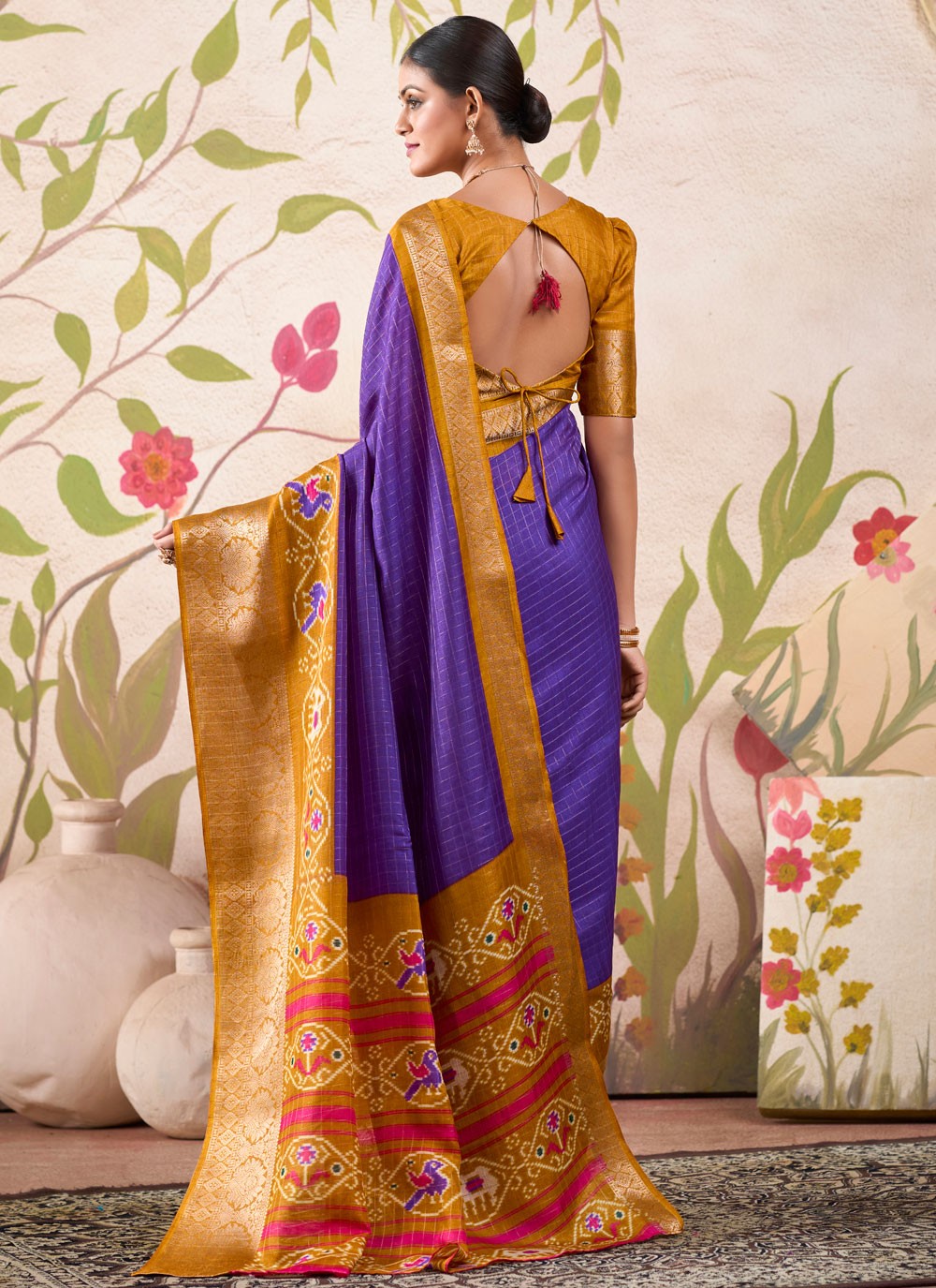 Traditional Border Work Tussar Silk Violet Saree - S10991