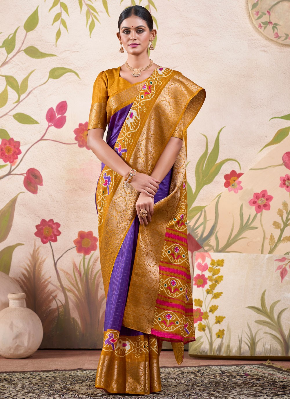 Traditional Border Work Tussar Silk Violet Saree - S10991