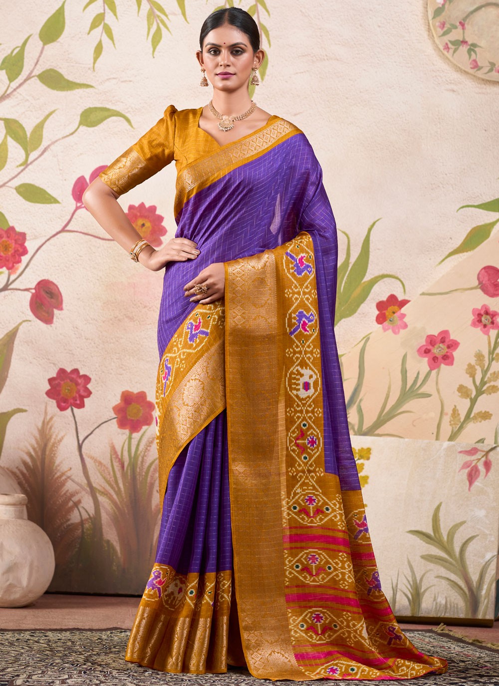 Traditional Border Work Tussar Silk Violet Saree - S10991