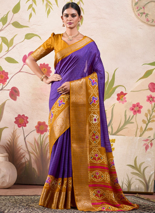 Traditional Border Work Tussar Silk Violet Saree - S10991